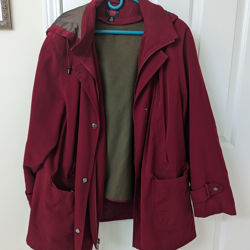 Gallery Woman burgundy water resistant jacket.